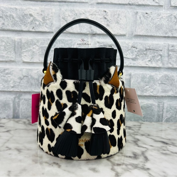 Kate Spade Buttercup Leopard Haircalf Small Bucket Bag Crossbody - Picture 2 of 16